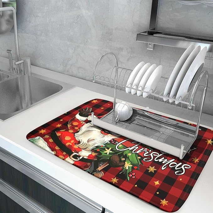 Merry Christmas Santa Claus Red Buffalo Plaid Dish Drying Mat for Kitchen Counter,Winter Snowflake Xmas Tree Drying Mat 18 x 24 Inch with Absorbent Reversible Microfiber Dish Drying Pad for Coffee Bar - Image 5