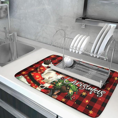 Merry Christmas Santa Claus Red Buffalo Plaid Dish Drying Mat for Kitchen Counter,Winter Snowflake Xmas Tree Drying Mat 18 x 24 Inch with Absorbent Reversible Microfiber Dish Drying Pad for Coffee Bar - Image 5