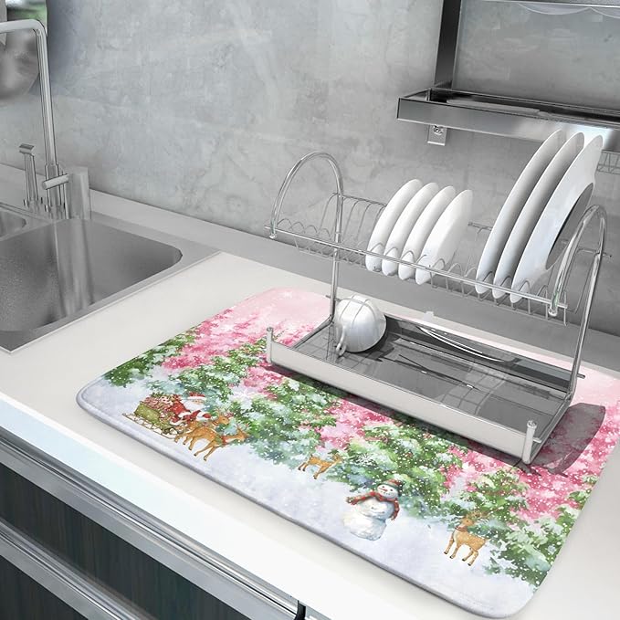 Winter Dish Drying Mats for Kitchen Counter Watercolor Forest Decoration Coffee Mat for Holiday Decor - Image 5