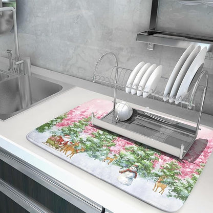 Winter Dish Drying Mats for Kitchen Counter Watercolor Forest Decoration Coffee Mat for Holiday Decor - Image 5