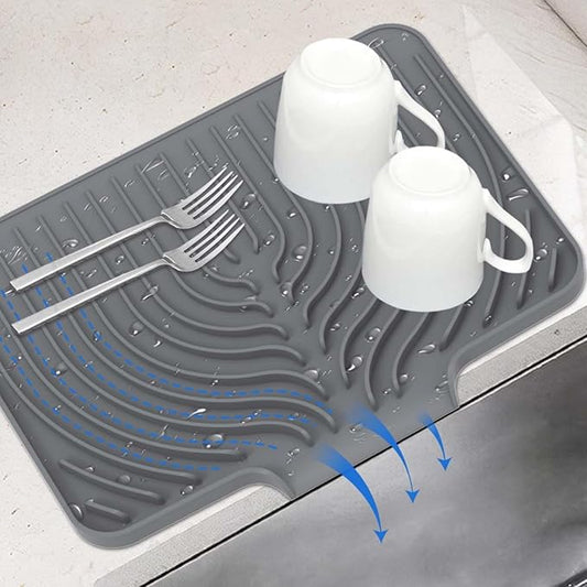Dish Drying Mat for Kitchen Counter, with Built-in Drain Lip, Food-Grade Silicone, Easy Clean Pad for Countertop Protection, Multi-Functional Use (14.7x10.2, Grey) by JACZZO