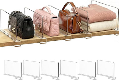 SortNStore Shelf Dividers Purse Organizer for Closet: 6-inch Tall(Shorter Version) Acrylic Handbag Organizer - Small Space Separator for Clutches Evening Bags Pouches Mini-Bags on Wood Shelves 6-Pack