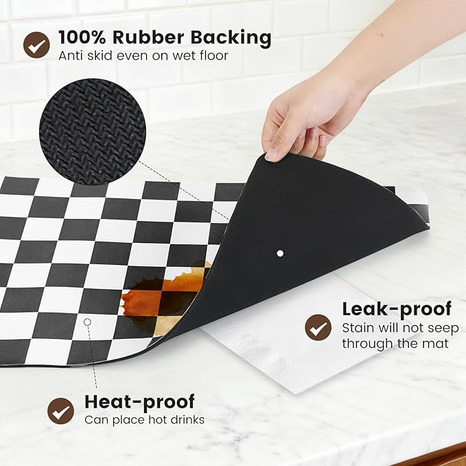 12" x 20" Checkered Dish Drying Mat for Kitchen Counter, Absorbent Coffee Bar Mat for Espresso Machine Coffee Countertops Accessories, Black - Image 4
