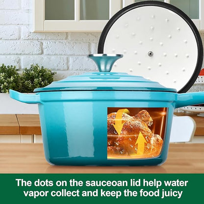 HaSteeL 2 QT Cast Iron Saucepan, Mini Enamel dutch oven with lid, Small Non Stick Pan for Milk, Pasta Tomato Sauce, Butter, Breakfast, Soup, Suitable for Boiling Stewing Frying, Easy to Clean, Green