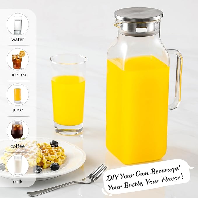 2 Quart (2 Liter 68 oz) Square Glass Pitcher with Lid and Spout, Water Pitchers with Handle for Fridge, Borosilicate Glass Carafe for Hot/Cold Drink, Large Jug for Iced Tea, Coffee,Juice,Milk,Beverage - Image 2