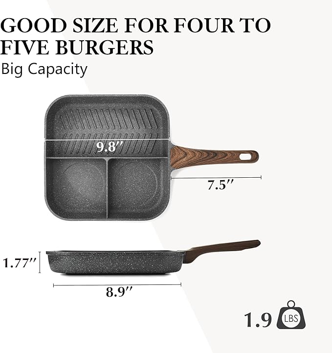 SENSARTE Nonstick Divided Grill Pan for Stove Tops, 3-Section Versatile Breakfast Grilling Pan, Durable Square Grill Skillet, Steak Griddle Pan, PFOA, PFOS, APEO Free, Induction Compatible, 9.5 Inch - Image 6
