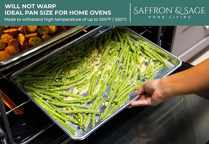 Commercial Quality Cookie Sheet Pan - 2 Pack Aluminum Half Sheet Baking Pan by Saffron & Sage Home Living - This 18x13 Baking Sheet Set is Rust & Warp Resistant, Heavy Duty, of Thick Gauge - Image 4