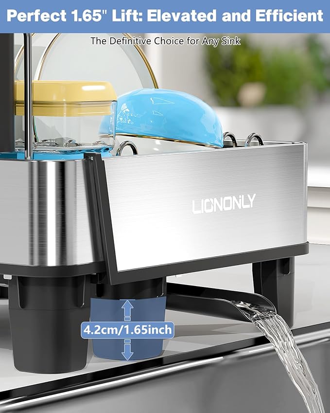 Dish Drying Rack, 304 Stainless Steel Exendable Dish Rack with Adjustable Drain Spout, Large Capacity Dish Drainer with Utensil Holder, Cup Holder and Cutting Board Rack for Kitchen Counter, Black - Image 6
