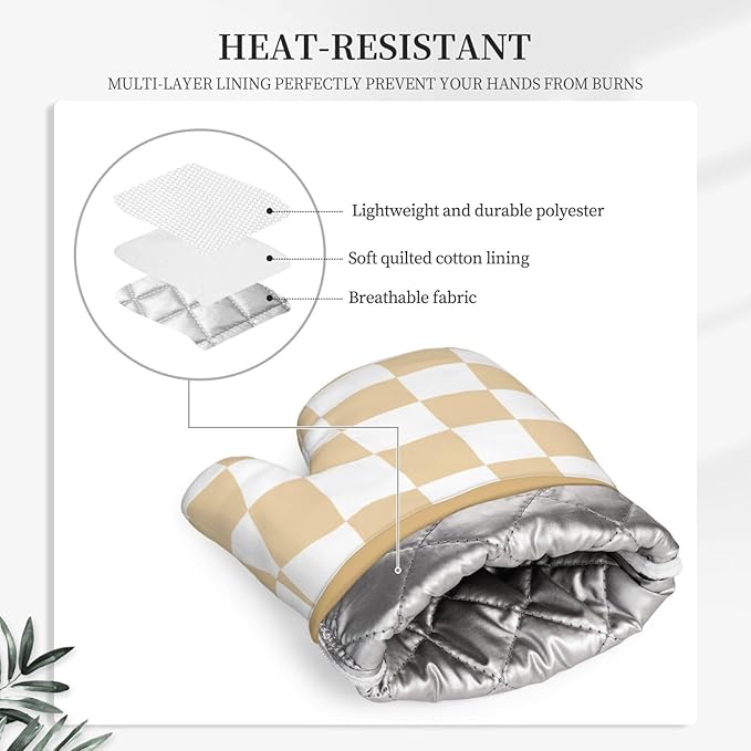 Checkered Beige Silicone Oven Mitts Pan Mats Set of 2, Heat Resistant Gloves Potholder with Non-Slip Grips Hanging Loops Pot Holder, Spring Summer for Chef Cooking, Baking, Grilling, BBQ