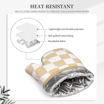 Checkered Beige Silicone Oven Mitts Pan Mats Set of 2, Heat Resistant Gloves Potholder with Non-Slip Grips Hanging Loops Pot Holder, Spring Summer for Chef Cooking, Baking, Grilling, BBQ
