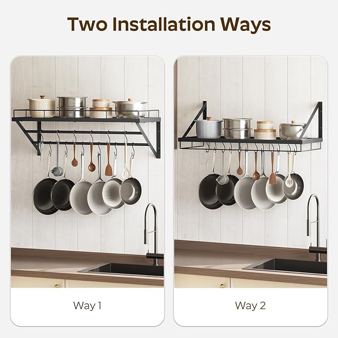 YATINEY Pot Rack, 30 Inch Wall Mounted Pot Rack, Kitchen Pot and Pan Organizer with 2 Tier Hanging Rails, 12 S-Hooks, Space Saving, for Kitchen Cookware Organizer, Black PR02BK - Image 5