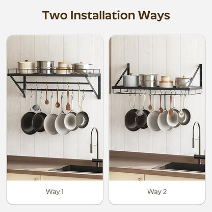 YATINEY Pot Rack, 30 Inch Wall Mounted Pot Rack, Kitchen Pot and Pan Organizer with 2 Tier Hanging Rails, 12 S-Hooks, Space Saving, for Kitchen Cookware Organizer, Black PR02BK - Image 5