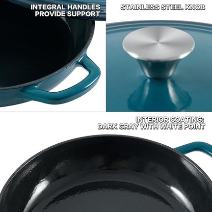 Flavehc Braiser Enameled Cast Iron Braiser 3 qt Braiser Pan with Lid DarkCyan Shallow Cast Iron Casserole Braiser Pan with Handels