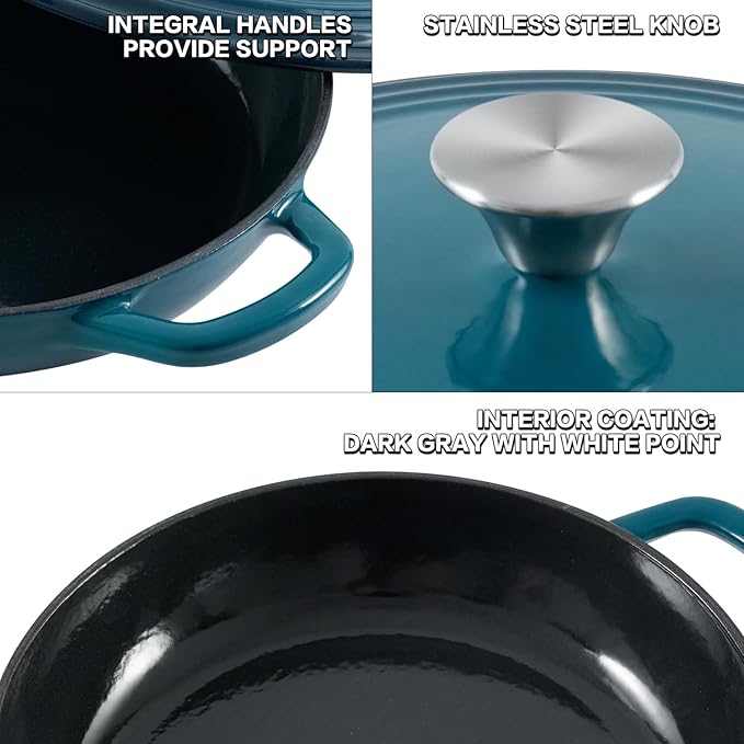 Flavehc Braiser Enameled Cast Iron Braiser 2.25 qt Braiser Pan with Lid DarkCyan Shallow Cast Iron Casserole Braiser Pan with Handels