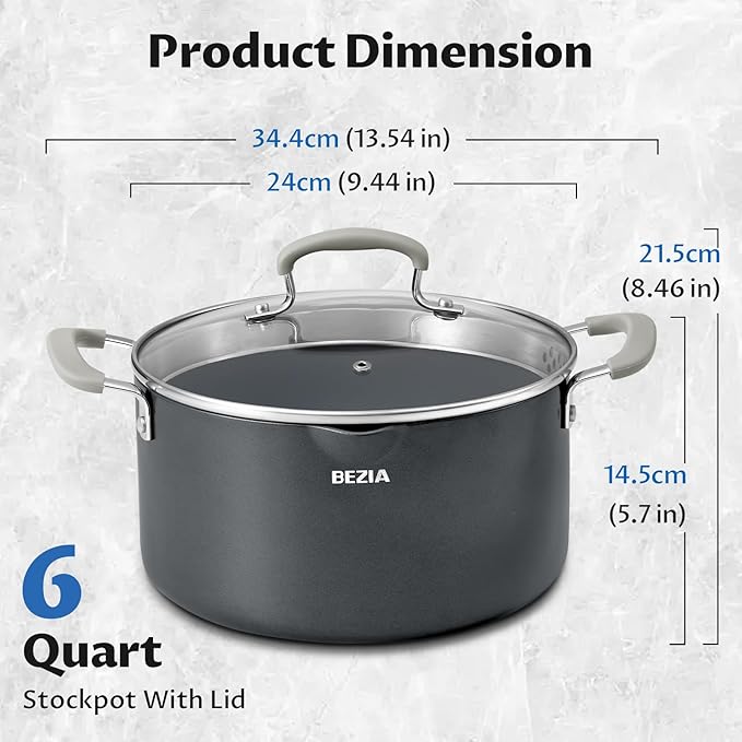 6 Quart Nonstick Stock Pot with Lid, BEZIA PFAS-Free Ceramic Soup Pot, Multipurpose Pasta Pot with Strainer Lid, Induction Cooking Pot, Silicone Handle, Compatible with All Cooktops, Dishwasher Safe - Image 6