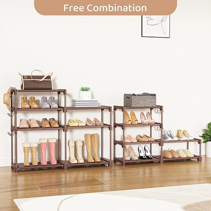 ROJASOP Shoe Rack Organizer, 8-Tier Metal Shoe Rack for Closet Entryway Garage, 26-32 Pairs Tall Shoe Boot Storage Shelf with 15 Hooks, Stackable Large Shoe Stand, Brown - Image 6