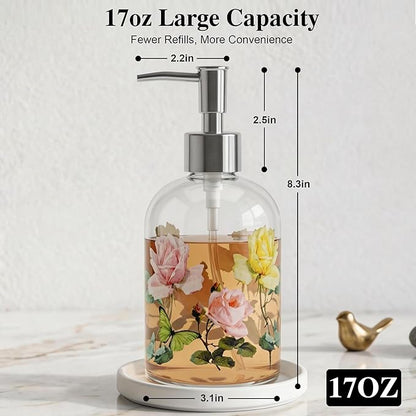 17oz Glass Soap Dispenser with Plastic Pump, 2 Pack Refillable Kitchen Soap Dispenser for Dish Soap, Soap Dispenser Bathroom for Hand Soap, Lotion, Body Wash(Flower)