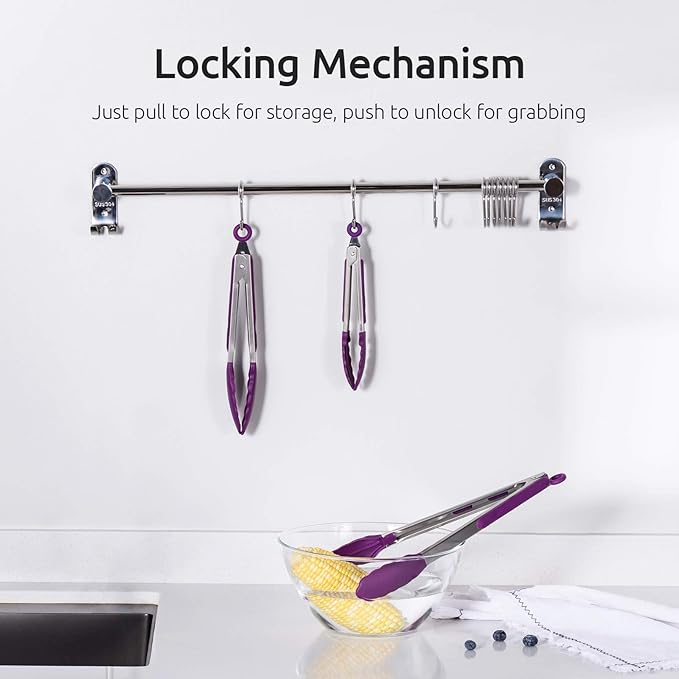 U-Taste Kitchen Tongs, 7/9/12 inches Cooking Tongs, with 600ºF High Heat-Resistant Non-Stick Silicone Tips, 18/8 Stainless Steel Handle, for Food Grill, Salad, BBQ, Frying, Serving, Pack of 3(Purple) - Image 5