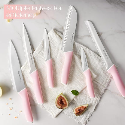 Astercook Knife Set, Kitchen Knives Set with Block and Sharpener 15 Pcs German Stainless Steel Knives Sharp Blade Dishwasher Safe Deba Knives with Ergonomic Handle, Crystal Pink Mothers Day Gifts - Image 5