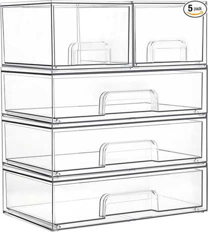Vtopmart Clear Stackable Storage Drawers Set of 5, Plastic Organizer Bins for Makeup, Cosmetics, Beauty Supplies,Ideal for Vanity, Bathroom,Cabinet,Pantry Organization by Vtopmart