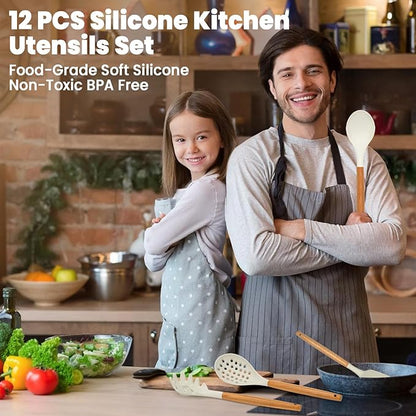 Kitchen Utensils Set - 12 Pcs Silicone Cooking Utensils Set with Wooden Handle - Heat Resistant Non-Stick BPA Free Spatula Set,Turner, Spoon, Brush, Silicone Kitchen Gadgets Utensil Set - Image 7