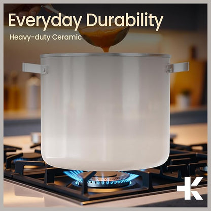 Bakken 12.5 Quart Ceramic Coated Stock Pot with Lid, Easy Clean Nonstick Pot, Tempered Glass Lid, Riveted Stainless Steel Handles, Oven Safe Up To 500°F, PTFE & PFAS Free, All Stove Compatible, Cream - Image 7