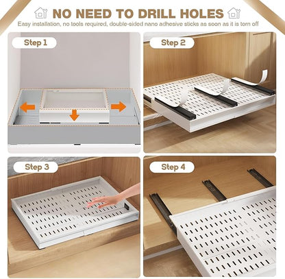 Seinloes 2 Pack Pull Out Cabinet Organizer With Raising Pad for Framed Cabinets,Expandable Width (15"-25") and Depth (17"-24"),3 Slide Rails Slide Out Drawers with Handle,No-Drill Roll Out Shelf,White - Image 8