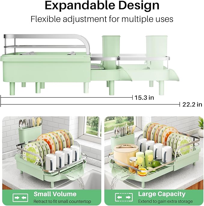 SAYZH Dish Drying Rack - Expandable Dish Rack for Kitchen Counter, Rust-Resistant Dish Drainer with Utensil Holder and Raised Guardrail, Kitchen Organizer for Cup and Bottle (Green) - Image 4