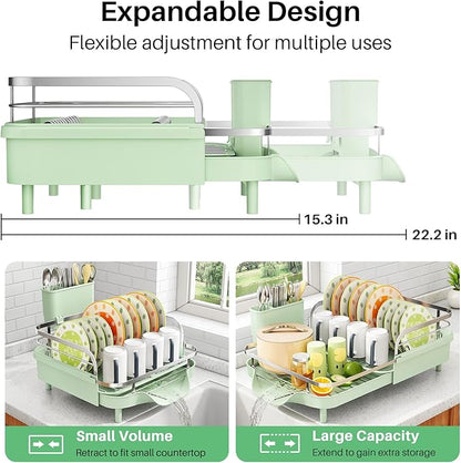 SAYZH Dish Drying Rack - Expandable Dish Rack for Kitchen Counter, Rust-Resistant Dish Drainer with Utensil Holder and Raised Guardrail, Kitchen Organizer for Cup and Bottle (Green) - Image 4