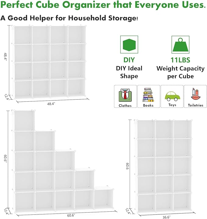 C&AHOME Cube Storage Organizer, 16-Cube Shelves Units, Plastic Storage Cubes, DIY Closet Organizer, Modular Closet Storage Shelves Ideal for Home, Bedroom, 48.4" L × 12.4" W × 48.4" H Milky UPCS16M - Image 3