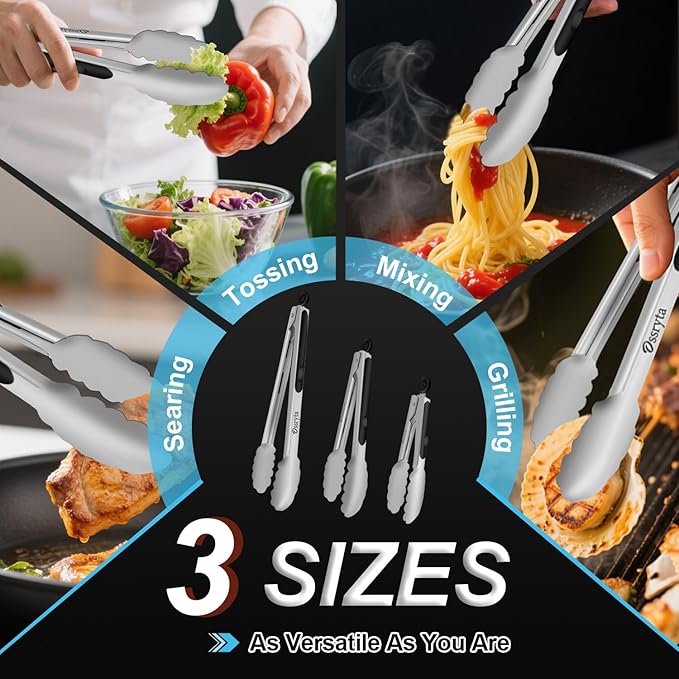 Stainless Steel Cooking Tongs Set of 3 - Heavy Duty 12/9/7 Inch Locking Tongs, Heat Resistant to 600 Degrees, Food Grade Kitchen Metal Tong for Food, Salad, & BBQ - Dishwasher Safe - Image 7