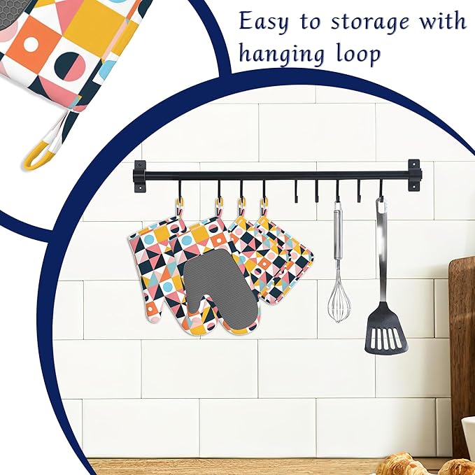Oven Mitts and Pot Holders Sets Abstract Geometric Silicone Kitchen Mits Potholders Colorful Modern Art Heat Resistant 4Pcs Oven Gloves Hot Pads for Baking Cooking BBQ Grilling Home Decor