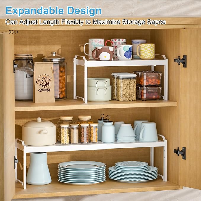 4 Pack Kitchen Cabinet Shelves Organizers, Kitchen Counter Storage Shelf Spice Rack, Expandable Length, Adjustable Height, Stackable, Sturdy 30LBS Bearing, Small Cupboard Tabletop Organizer Shelf Rack - Image 3