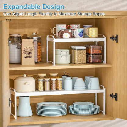 4 Pack Kitchen Cabinet Shelves Organizers, Kitchen Counter Storage Shelf Spice Rack, Expandable Length, Adjustable Height, Stackable, Sturdy 30LBS Bearing, Small Cupboard Tabletop Organizer Shelf Rack - Image 3