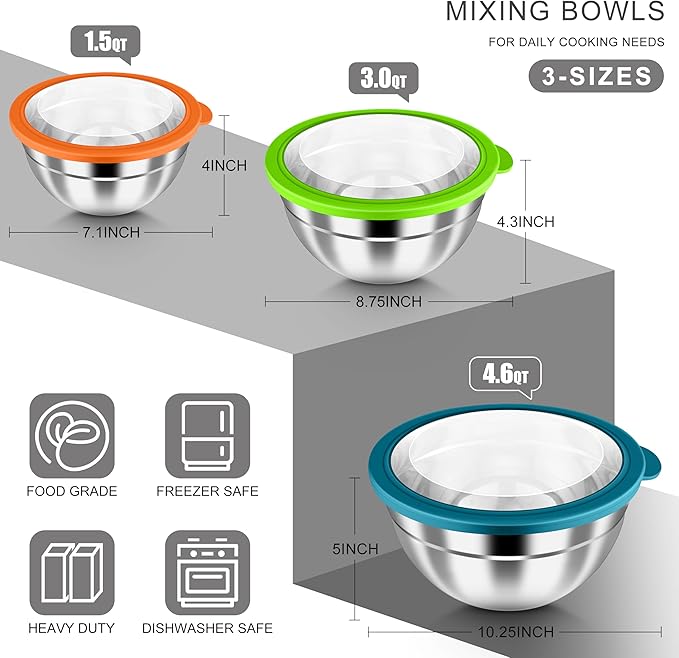 HaWare Mixing Bowls with Airtight Clear Lids, 6-Piece Stainless Steel Strong Nesting Bowls Set, Metal Salad Bowl for Cooking, Prepping, Baking, Serving & Food Storage, Size 4.6, 3, 1.5QT, Colorful - Image 2