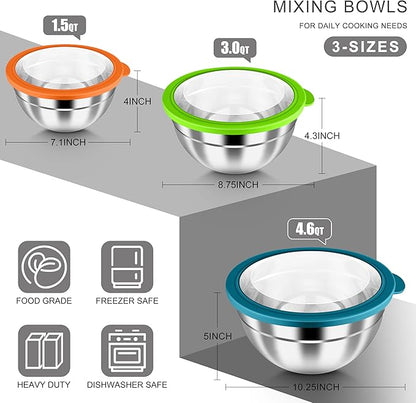HaWare Mixing Bowls with Airtight Clear Lids, 6-Piece Stainless Steel Strong Nesting Bowls Set, Metal Salad Bowl for Cooking, Prepping, Baking, Serving & Food Storage, Size 4.6, 3, 1.5QT, Colorful - Image 2