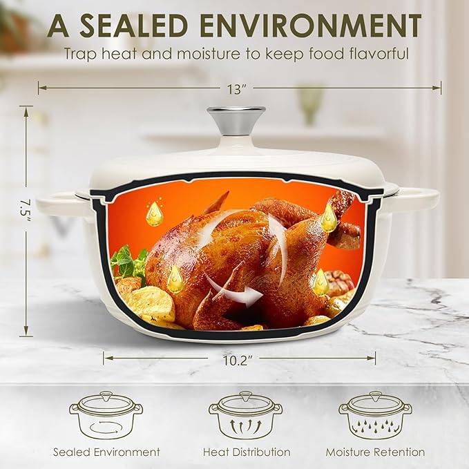 Enameled Cast Iron Dutch Oven Pot With Lid - AIVIKI 5QT Dutch Oven for Bread Baking With Cotton Potholders - Heavy-Duty Cookware for Braising, Stew, Roasting, Oven Safe up to 500°F, Cream White - Image 2