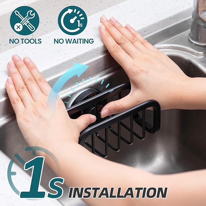 TAILI Sink Caddy with Strong Suction Cup, Sponge Holder for Kitchen Sink Oganizer, Removable Rustproof Aluminum Sponge Holder, Dish Brush for Scraper - Black - Image 2
