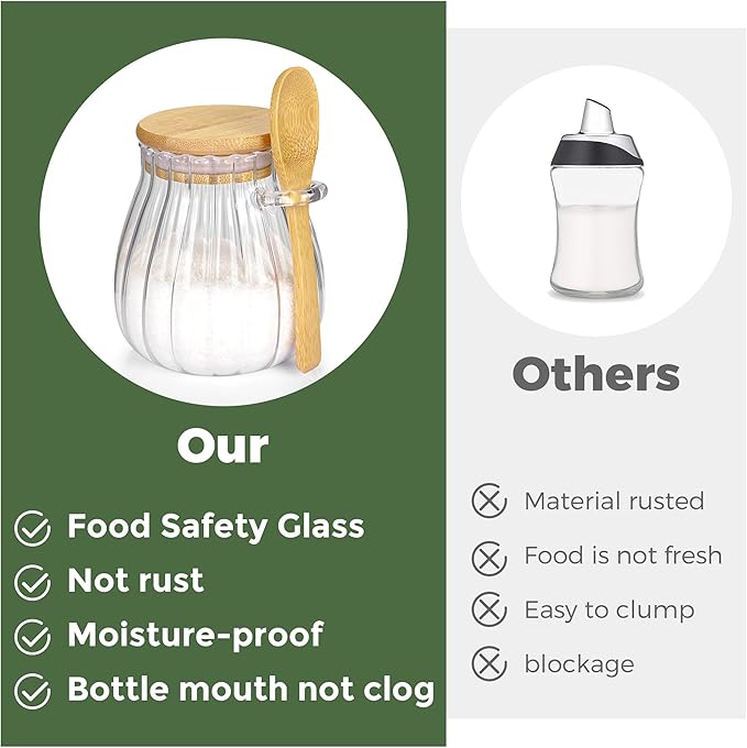 holoith 2Pcs Sugar Container with Bamboo Lid and Spoon,15oz Sugar Bowl Glass Jar for Coffee Bar Accessories Coffee Canister Kitchen Decor Housewarming Gift Christmas Refillable Design - Image 4