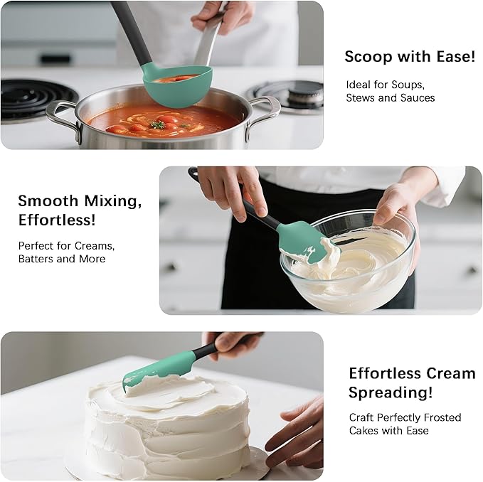 Coukre Silicone Kitchen Cooking Utensils Set with Holder – Heat-Resistant, Food-Grade Kitchen Tools, Spatula, Spoon & Gadgets for Non-Stick Pans, Dishwasher Safe (14, AquaGreen) - Image 4