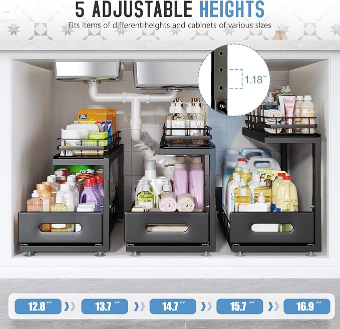 Under Sink Organizer Upgrade To Professional Rails,2-Tier Dual Pull Out Cabinet Storage,Height Adjustable Slide Out Drawers For Bathroom Kitchen,2 Pack-14.5"Dx12.8"-16.9"H,Black - Image 8