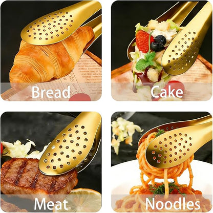 6 PCS Gold Serving Tongs for Party 7 Inch Stainless Steel Serving Utensils for Salad Buffet and Dessert(Gold)