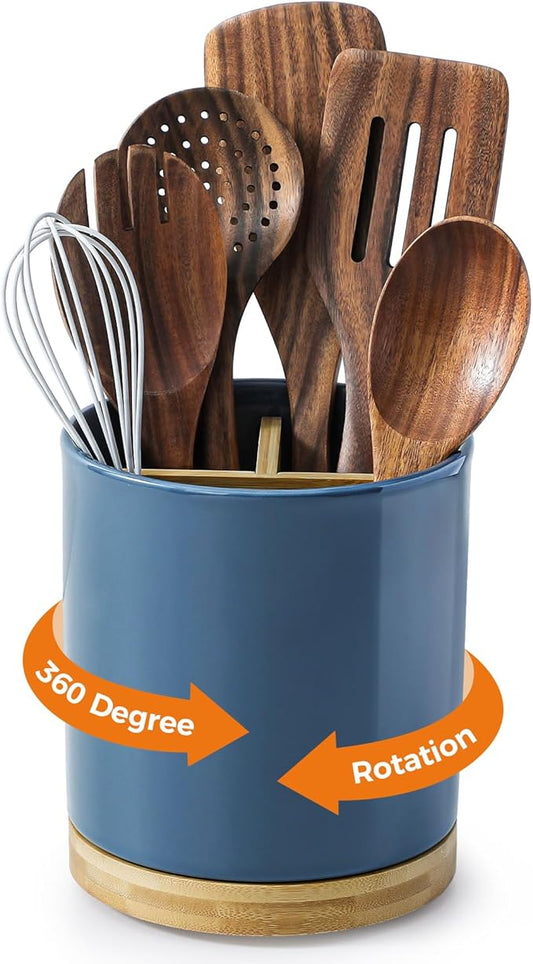 LoeJan 3 Compartment Utensil Holder, Extra Large Utensil Crock, Stable Ceramic Utensil Organizer, Cooking Tool Organizer Set for Kitchen Counter Farmhouse Decor, Blue by LoeJan