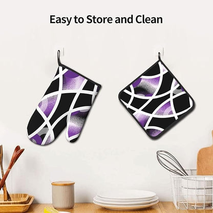 3-Piece Purple Black Abstract Geometric Oven Mitts and Pot Holders Set, Heat Resistant Modern Art Kitchen Gloves Hot Pads for Baking Cooking Grilling, Chef Gifts for Cooking Lovers, Home Decor, Purple - Image 5