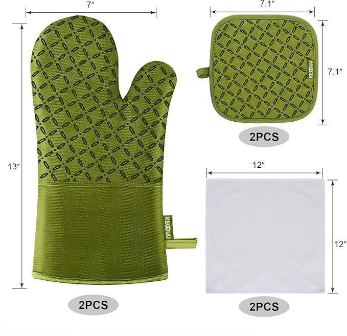 KEGOUU Oven Mitts and Pot Holders 6pcs Set, Kitchen Oven Glove High Heat Resistant 500 Degree Extra Long Oven Mitts and Potholder with Non-Slip Silicone Surface for Cooking (Olive Drab) - Image 2