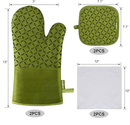 KEGOUU Oven Mitts and Pot Holders 6pcs Set, Kitchen Oven Glove High Heat Resistant 500 Degree Extra Long Oven Mitts and Potholder with Non-Slip Silicone Surface for Cooking (Olive Drab) - Image 2