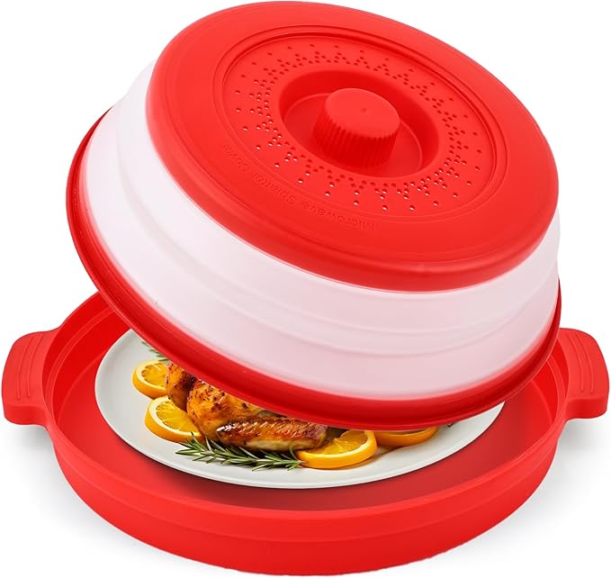 Microwave Splatter Cover for Food with Anti-scald Base Plate,Large Plastic & Silicone Vented Avoid Scalding Collapsible Guard Lid,Kitchen Essential Gadgets for Meal Prep-10.7 Inch (Red) by Unknown