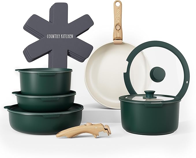 Country Kitchen Cookware Set with Removable Handle, Oven & RV Safe Pots and Pans Set, Sage Wood Handle, Original by CountryKitchen