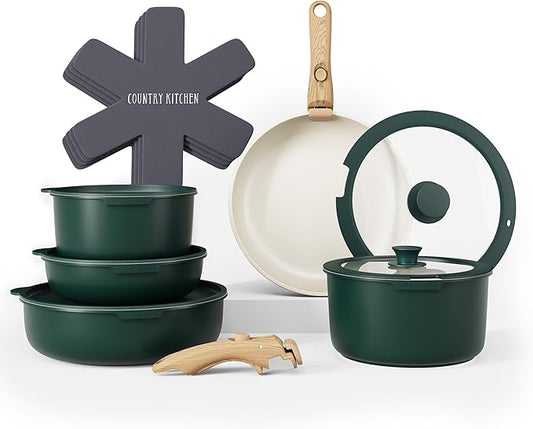 Country Kitchen Cookware Set with Removable Handle, Oven & RV Safe Pots and Pans Set, Sage Wood Handle, Original by CountryKitchen