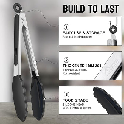 HOTEC Premium Stainless Steel Locking Kitchen Tongs with Silicon Tips, Heat Resistant Cooking Tongs Set of 3-7", 9" and 12", Black - Image 4
